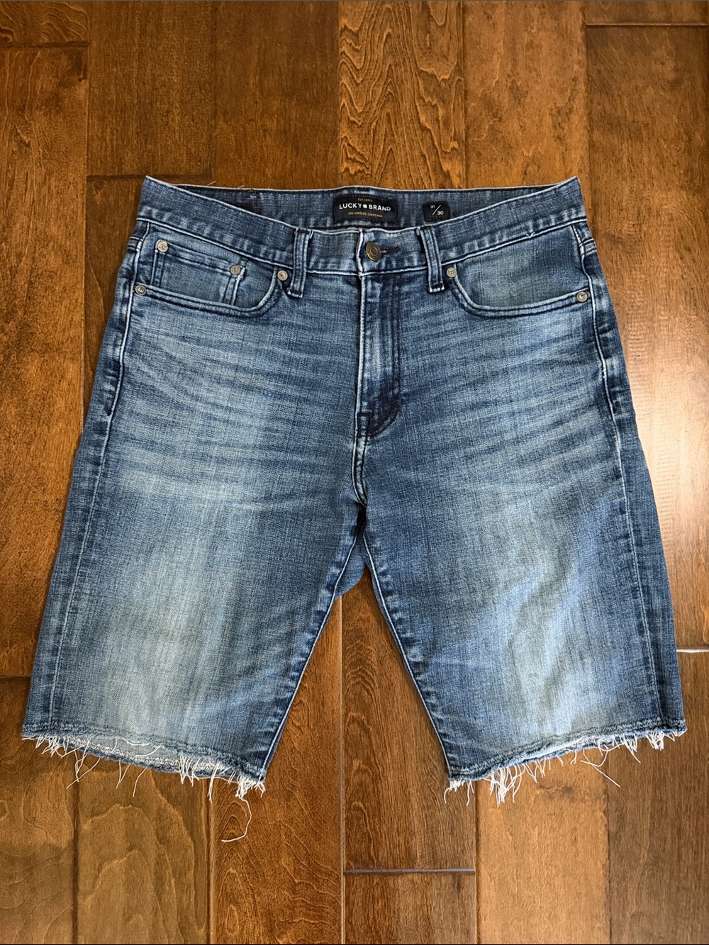 Lucky Brand Men's Washed Blue Denim Frayed Cutoff Shorts